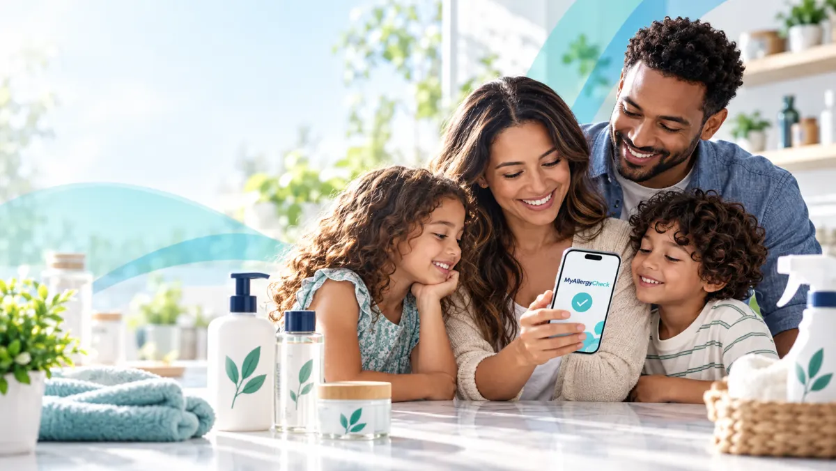 A family smiling at the MyAllergyCheck app on a phone