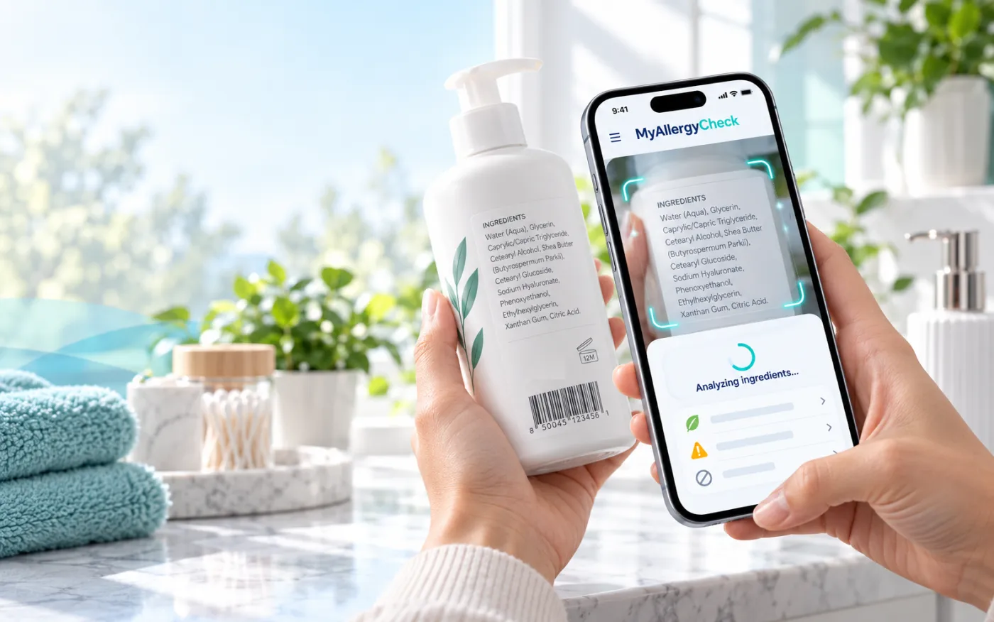A hand pointing a phone with the MyAllergyCheck app at the ingredient list on a lotion bottle